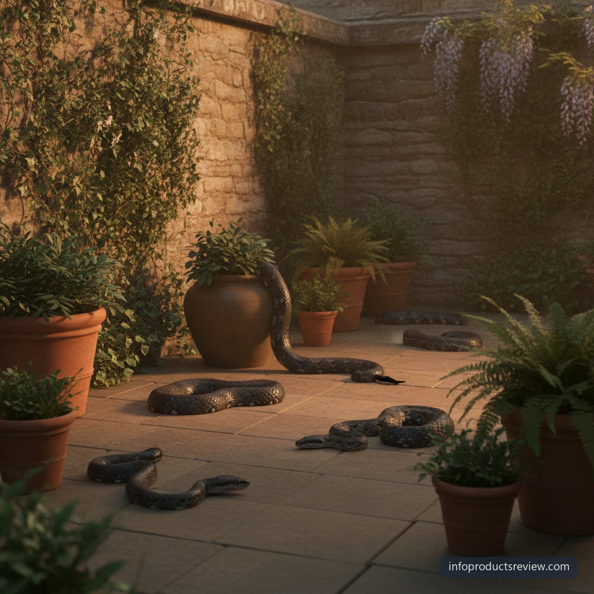 Black Snake Dream Meaning for a Married Woman: A Clear, Grounded Reading 13 Several dark snakes spaced apart in a walled home garden in the evening