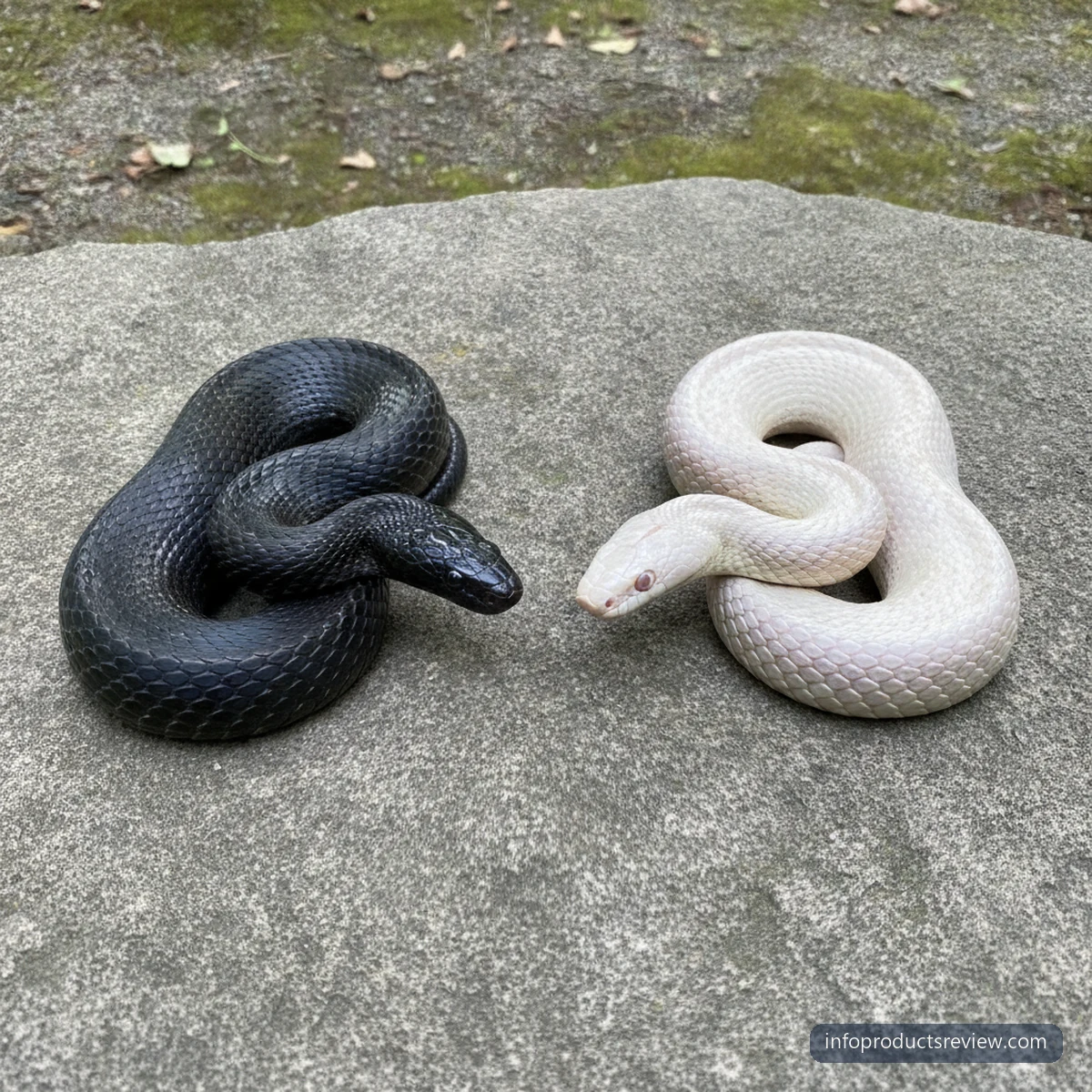 A black snake and a white snake on the same stone slab under one light