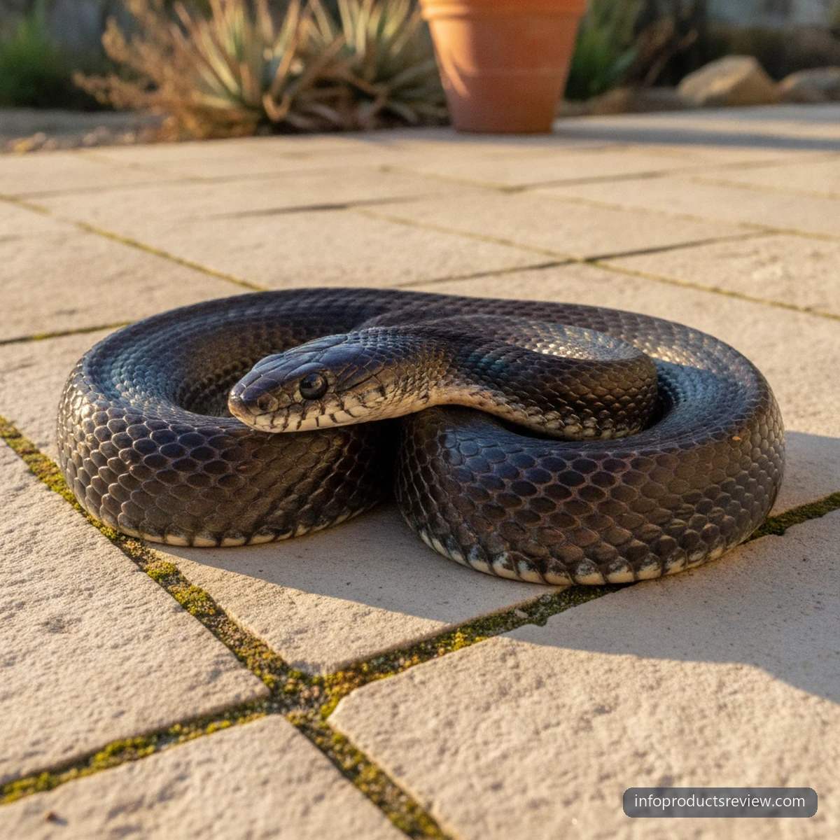A black snake in a shaft of golden light on a pale stone terrace