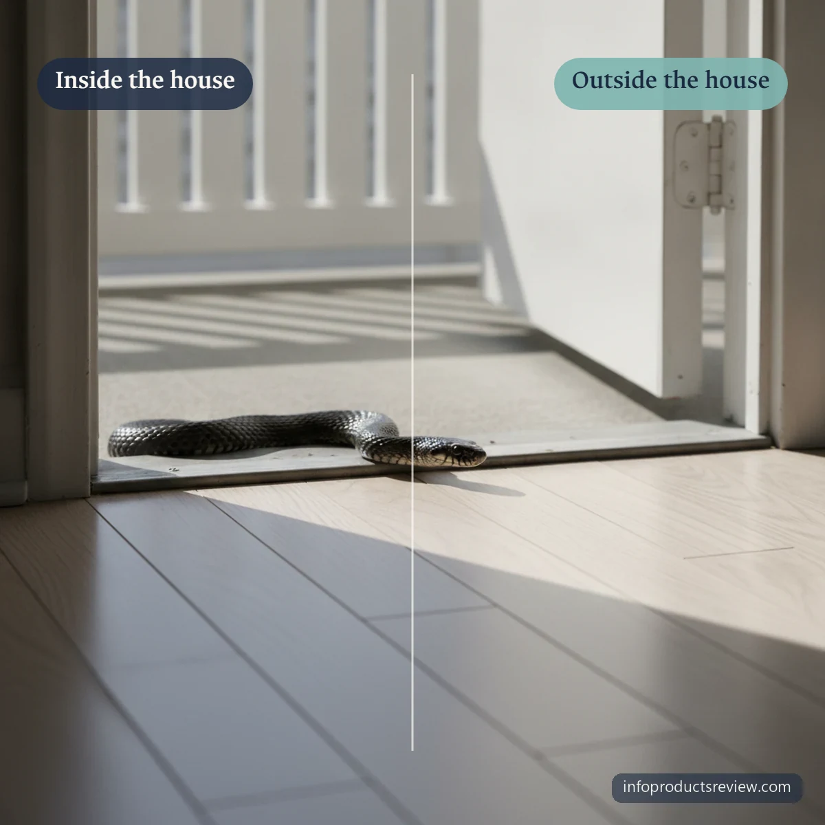 A black snake on an apartment threshold between interior shade and outdoor light