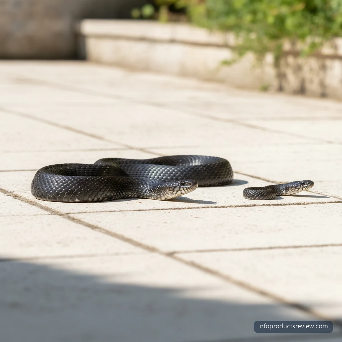 A large black snake and a small black snake on a sunlit terrace