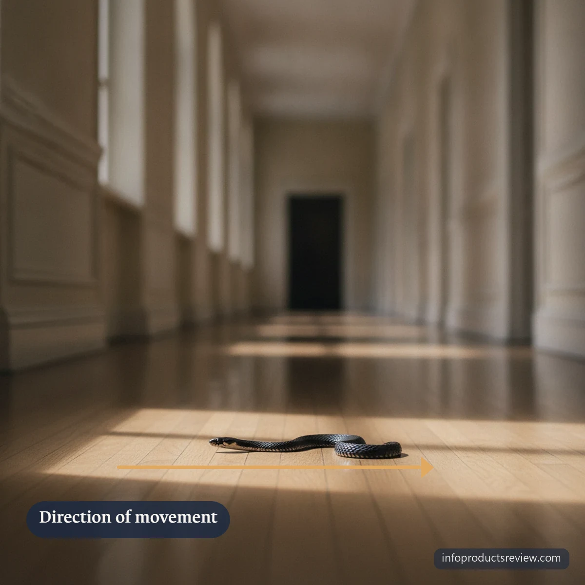 A softly lit corridor with a distant black snake at its end