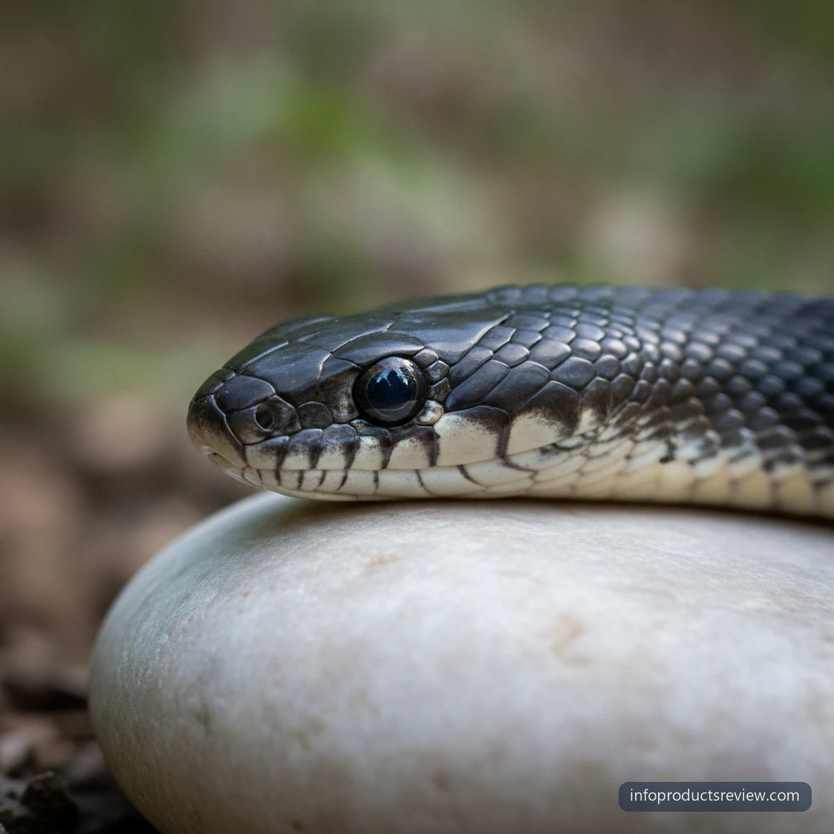 A black snake's head with closed mouth on smooth pale stone