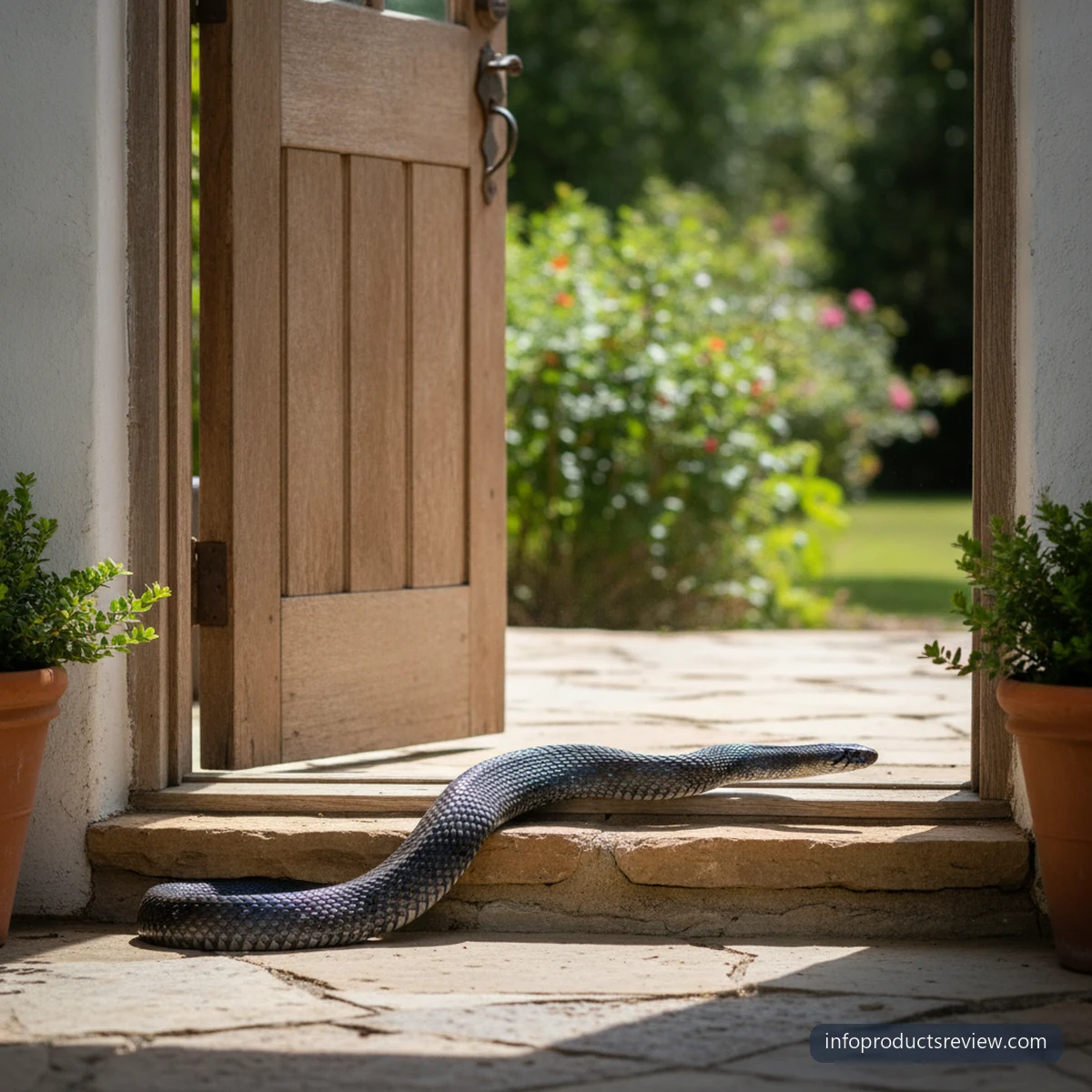 A black snake moving away on a sunlit step outside an open door