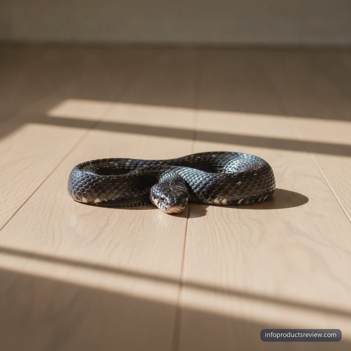 A black snake coiled at rest in window light on a wooden floor
