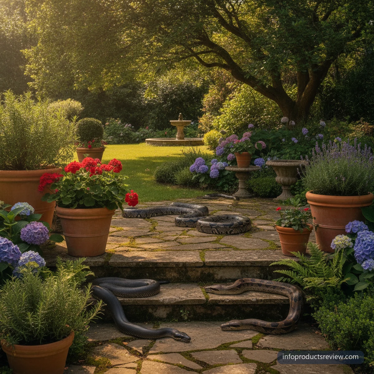 Several dark snakes spaced apart on a sunlit green garden terrace