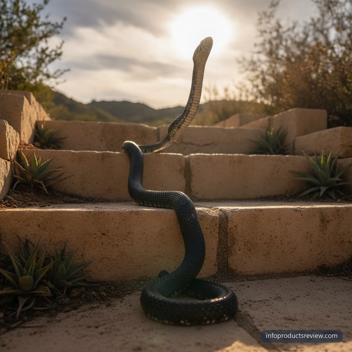 A black snake ascending a pale stone stair toward open light