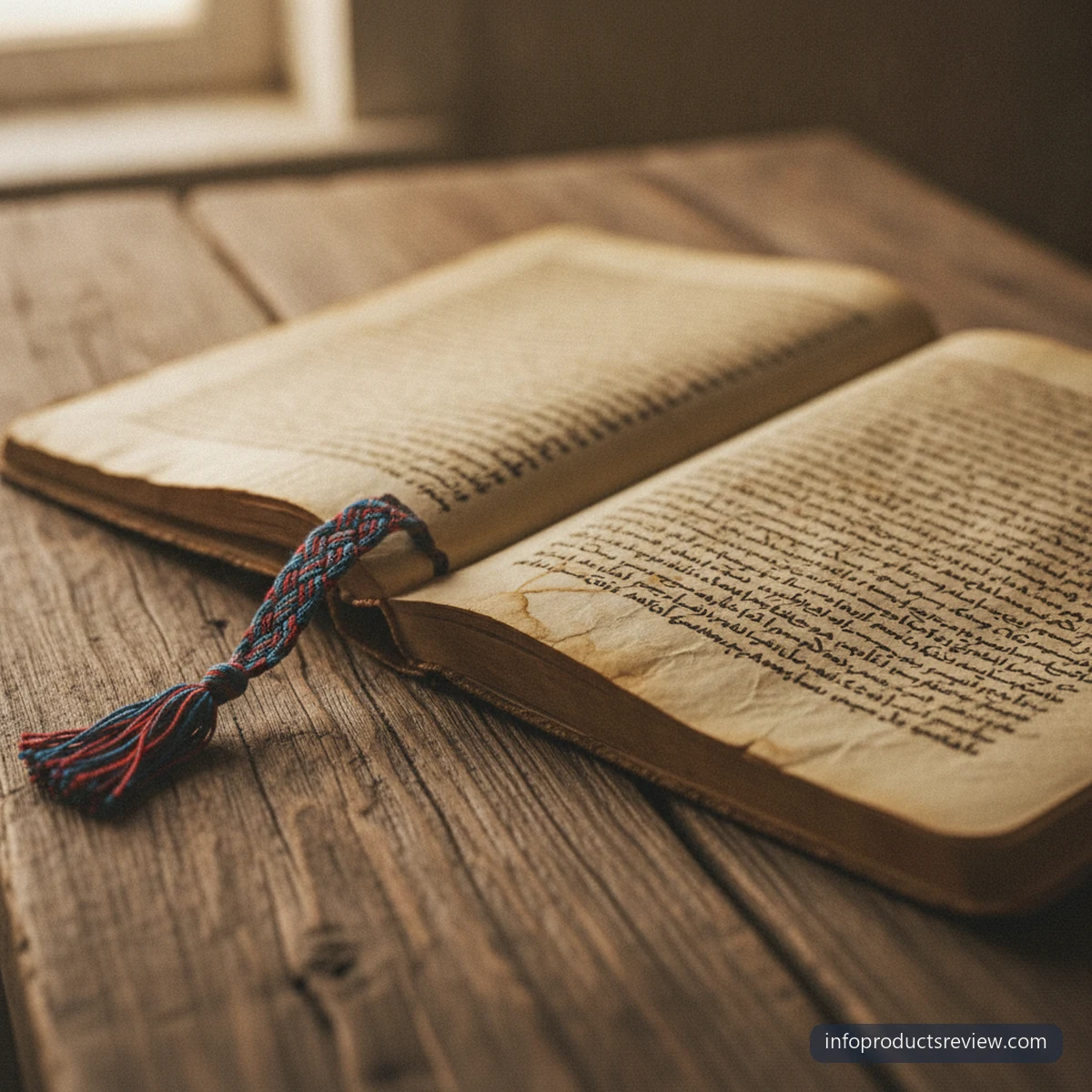 An old open manuscript on a wooden table with a woven bookmark