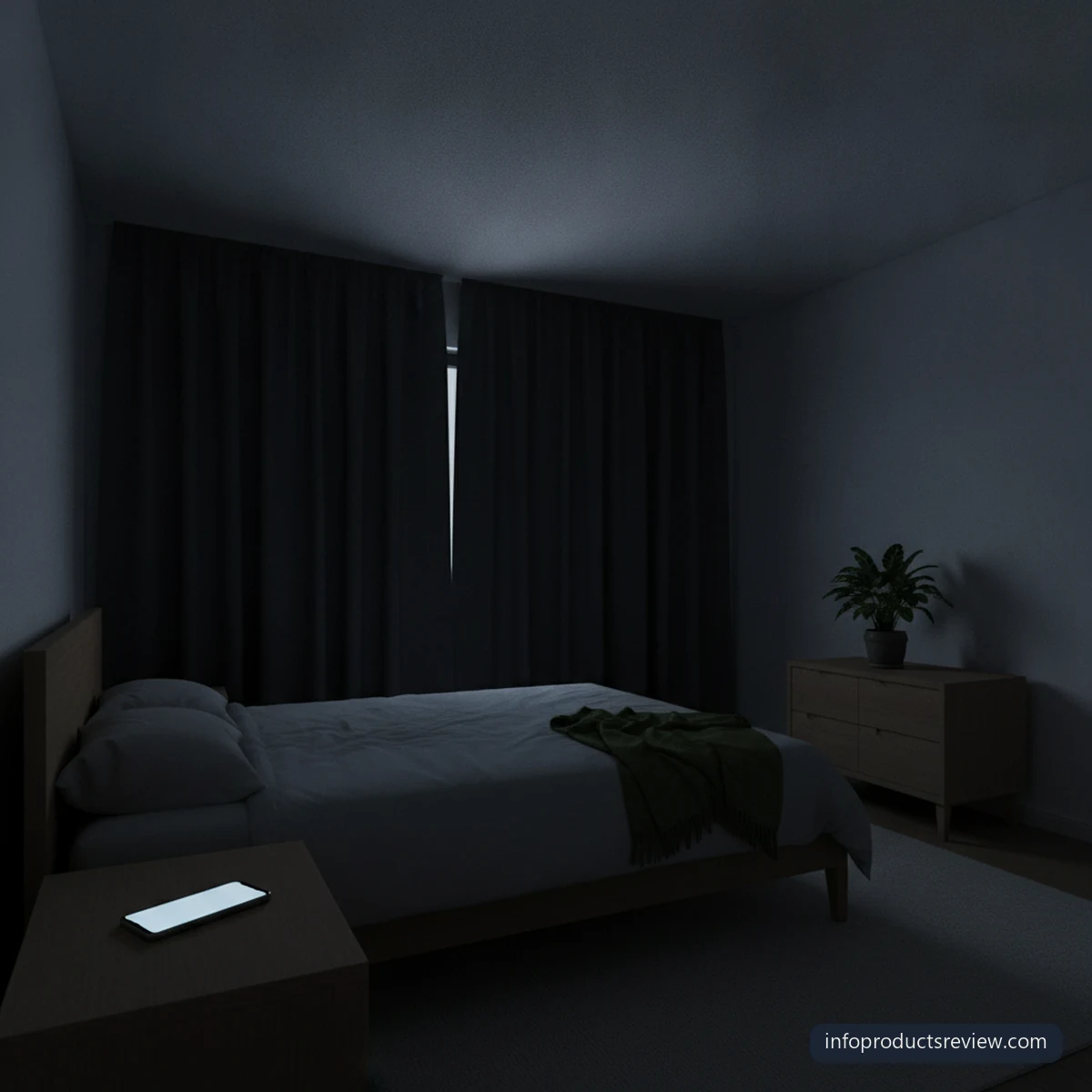 An empty bedroom in the small hours with a phone glowing on the table