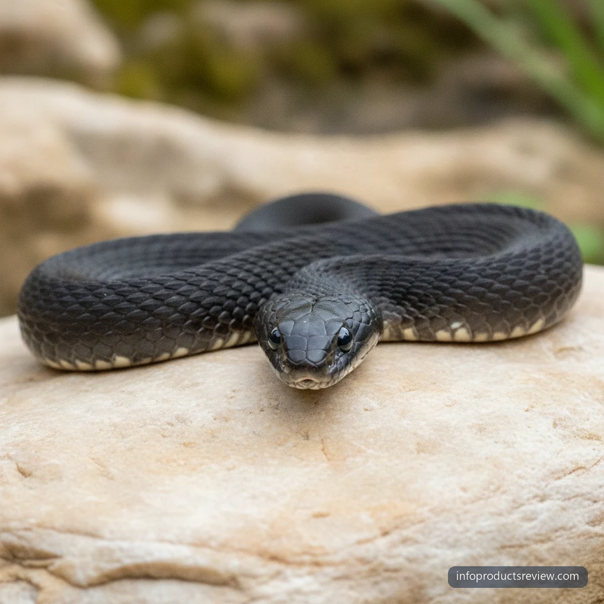 A black snake on an ivory stone surface in plain even daylight