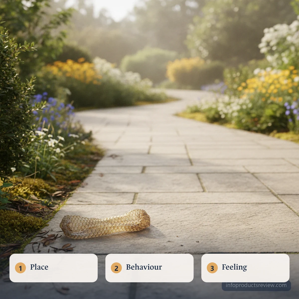 A sunlit stone garden path with a shed dark snake skin at its side