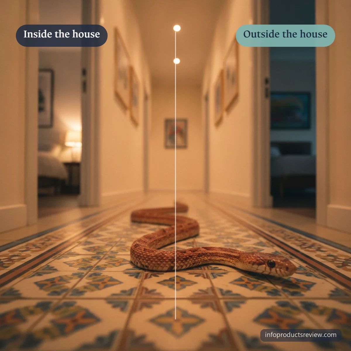 Snake Dream Meaning for a Married Woman: Context, Details, and Interpretation 4 A snake crossing a tiled hallway inside a home between two doorways