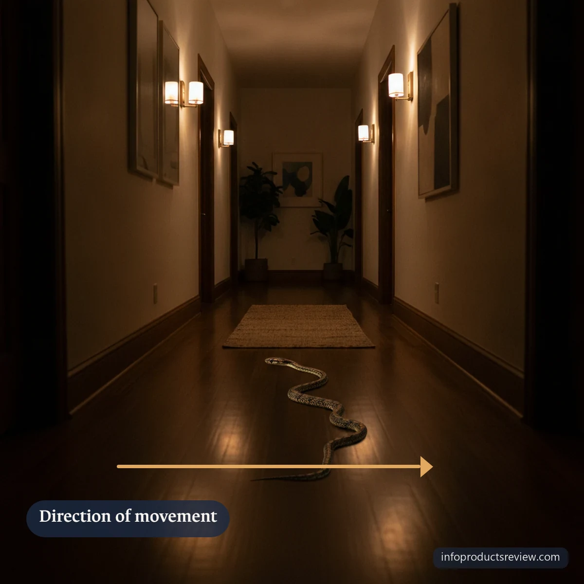 Snake Dream Meaning for a Married Woman: Context, Details, and Interpretation 8 A long domestic corridor at night with a distant snake at its end