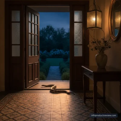 A snake crossing a home threshold between warm indoor light and an evening garden
