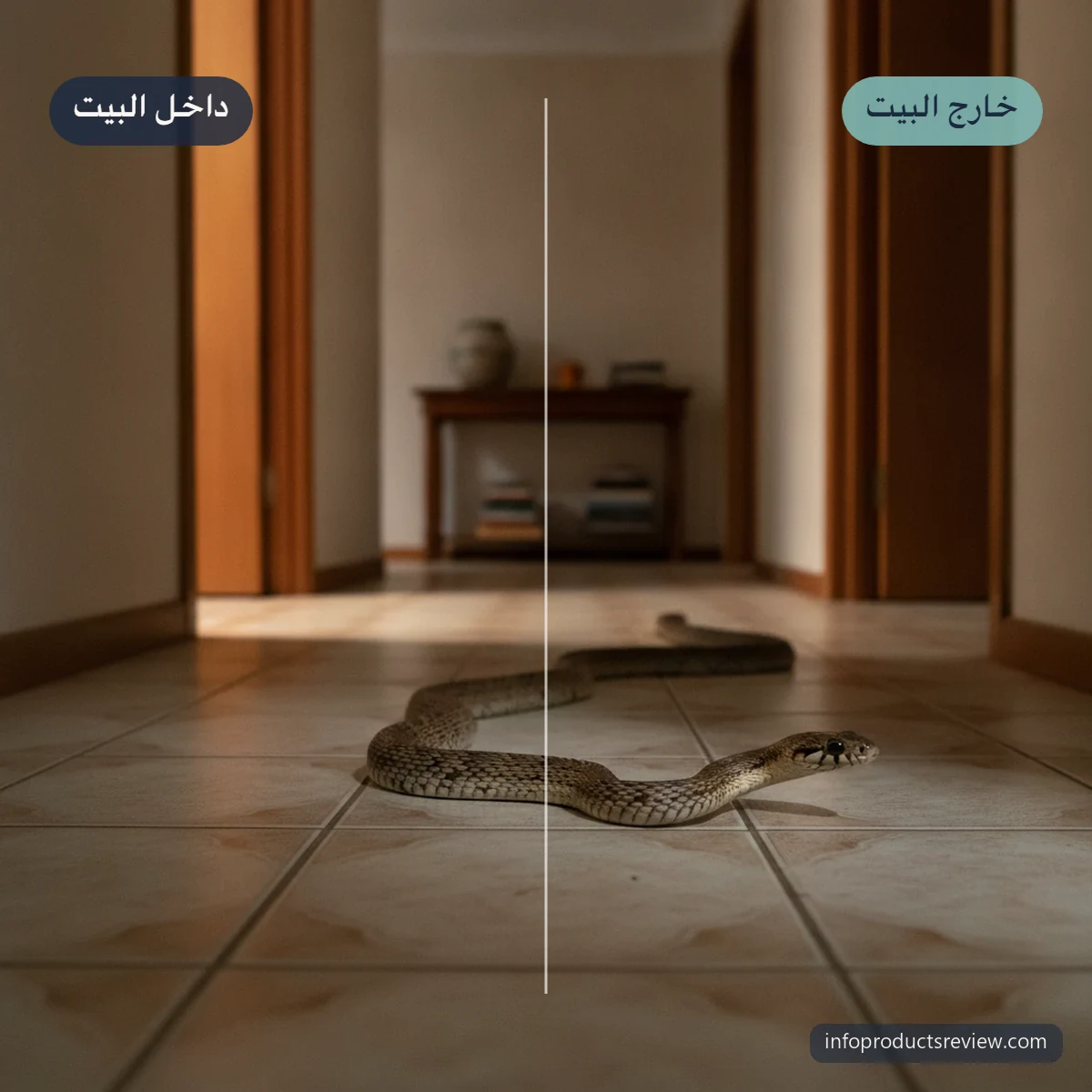 تفسير حلم الثعبان للرجل: أهم الدلالات بحسب سياق الحلم 5 ثعبان يعبر ممرًا منزليًا مبلطًا بين بابين عند الغسق