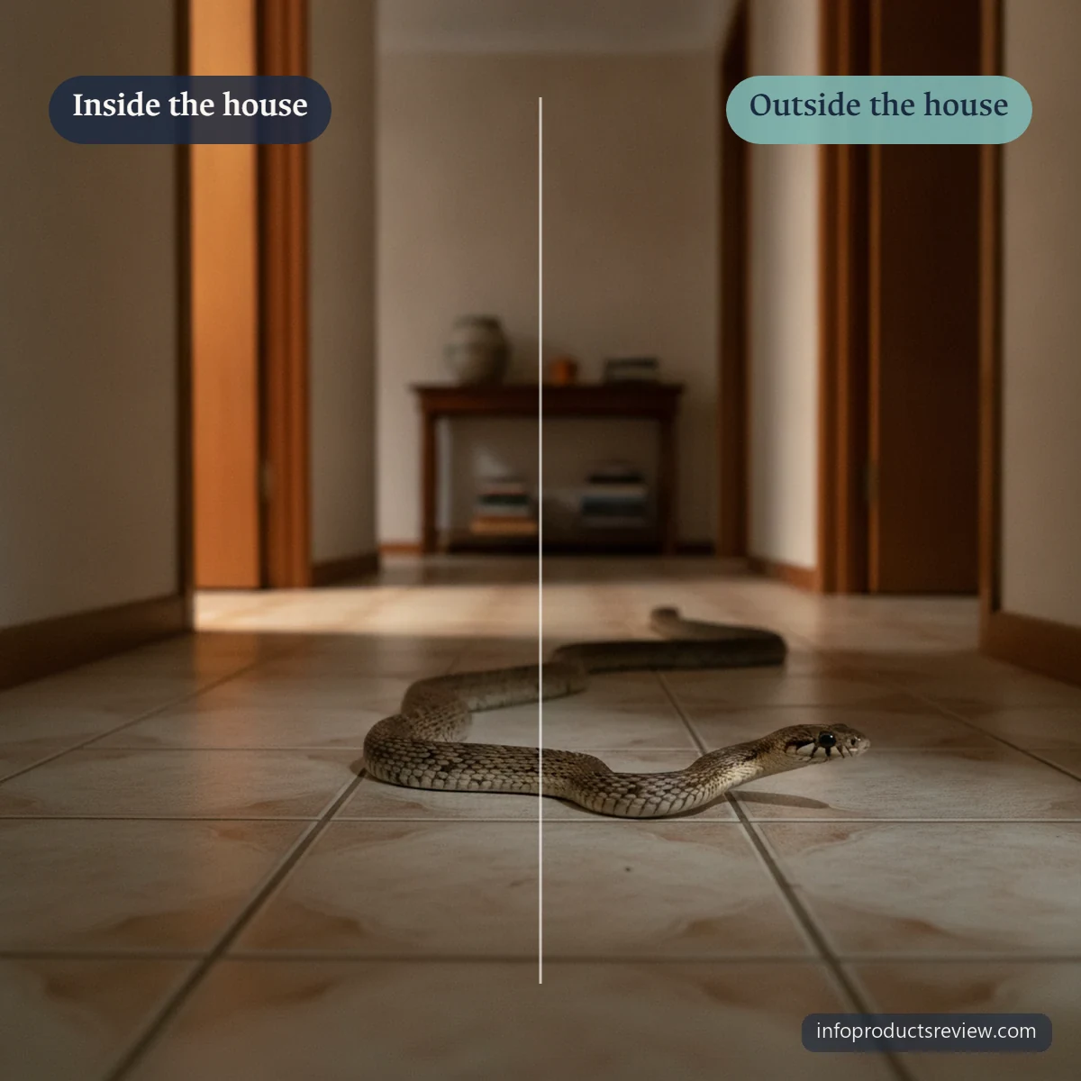 A snake crossing a tiled domestic hallway between two doorways at dusk