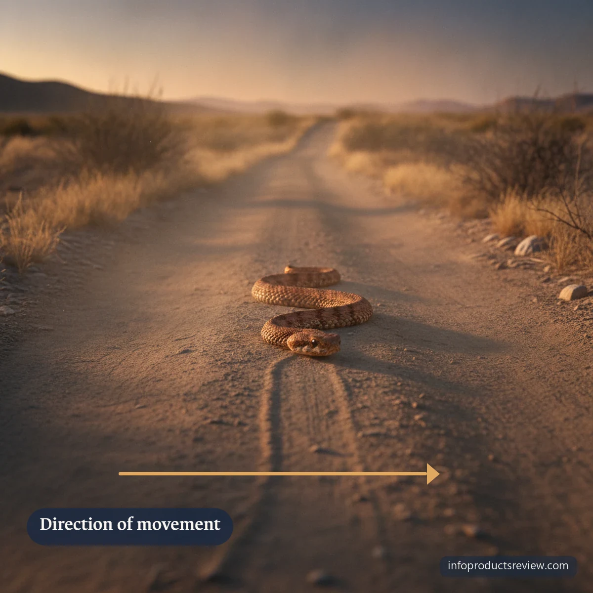 A long dirt road at dusk with a snake following at a distance