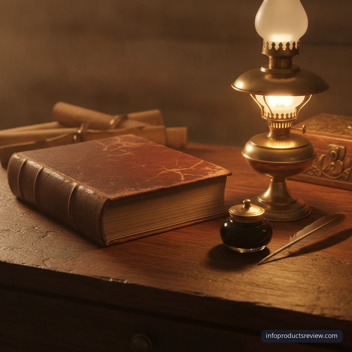 تفسير حلم الثعبان للرجل: أهم الدلالات بحسب سياق الحلم 13 كتاب قديم مغلق على مكتب خشبي داكن بجوار مصباح نحاسي