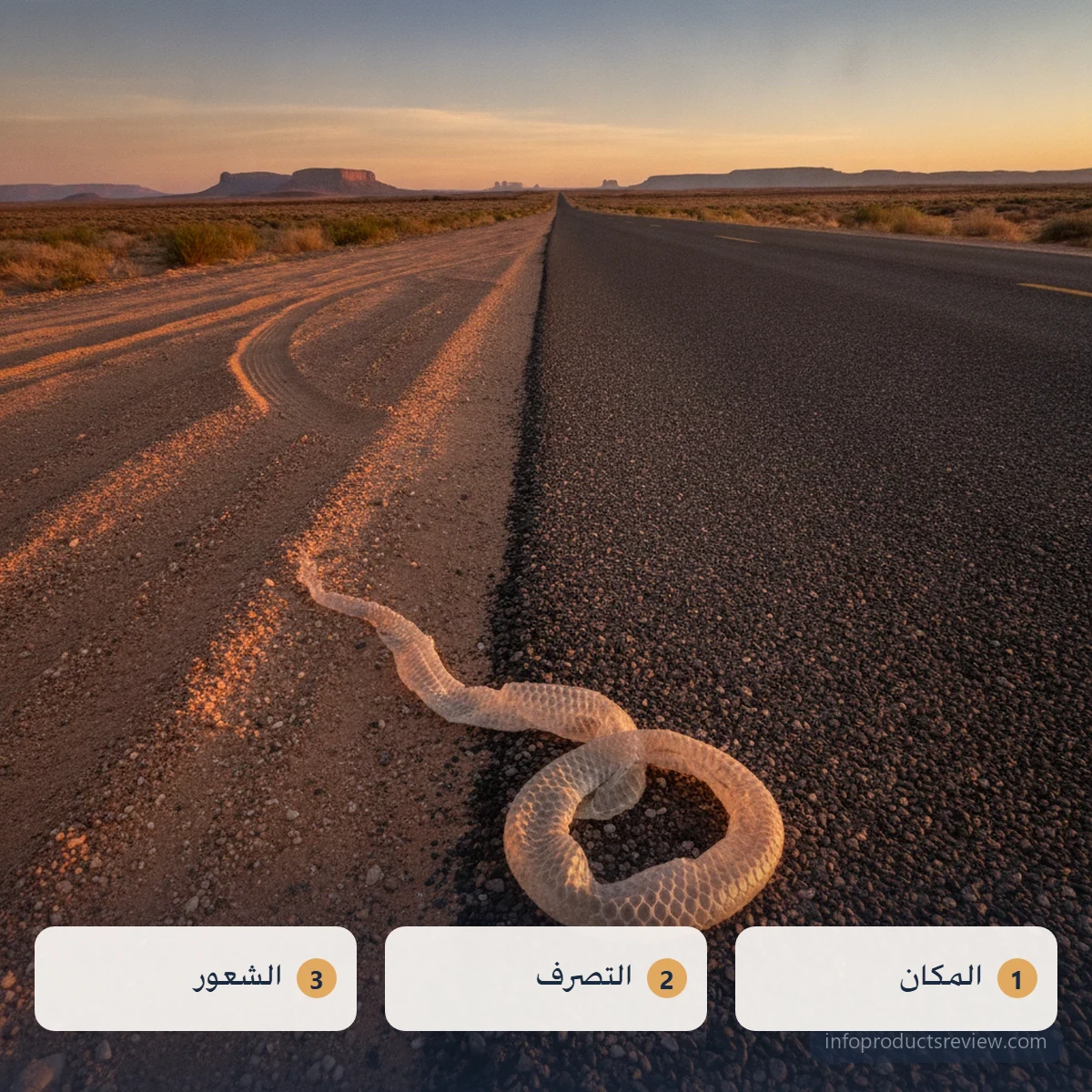تفسير حلم الثعبان للرجل: أهم الدلالات بحسب سياق الحلم 16 طريق صحراوي مفتوح عند الشروق وجلد ثعبان متروك على جانبه
