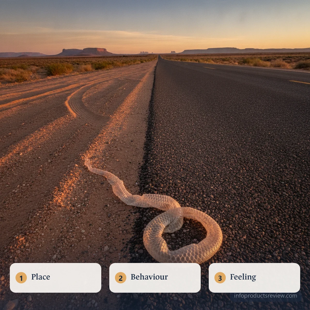 An open desert road at sunrise with a shed snake skin at its side