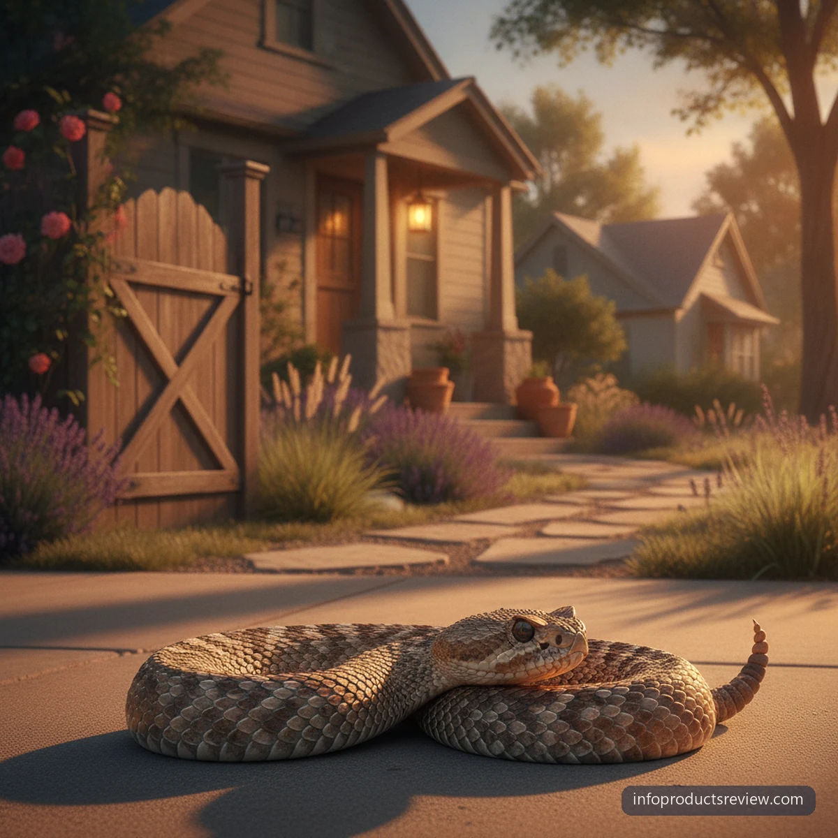A snake resting at the kerb of a quiet residential lane at dusk