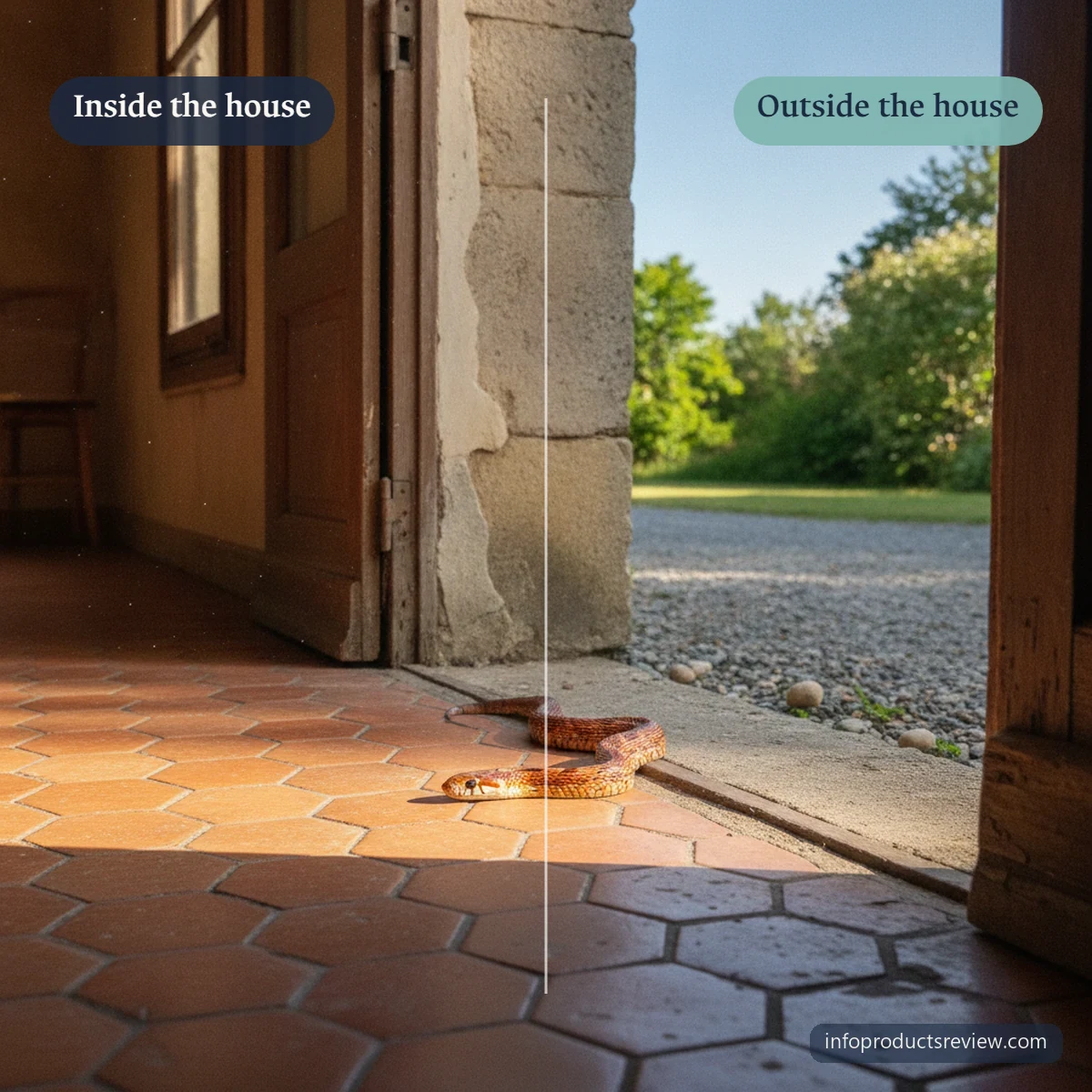 A snake on a doorway threshold between a warm interior floor and an outdoor path