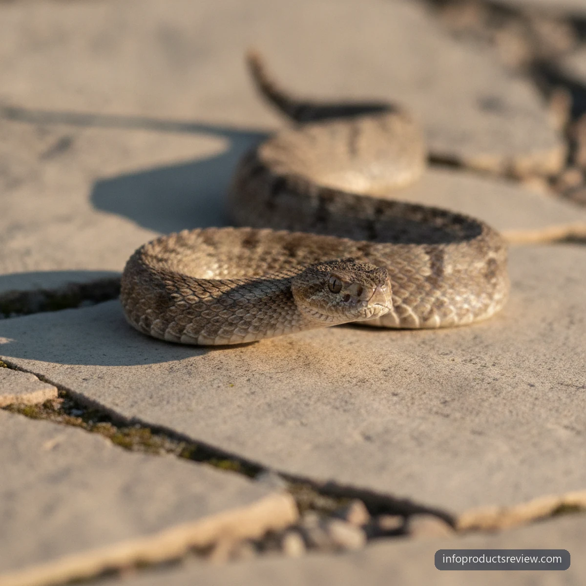 A snake moving across pale flagstones in raking side light