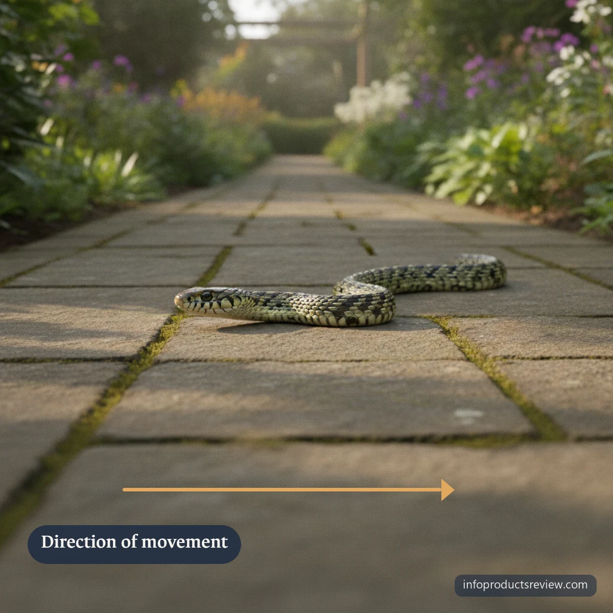 A snake crossing a stone garden path from one side to the other