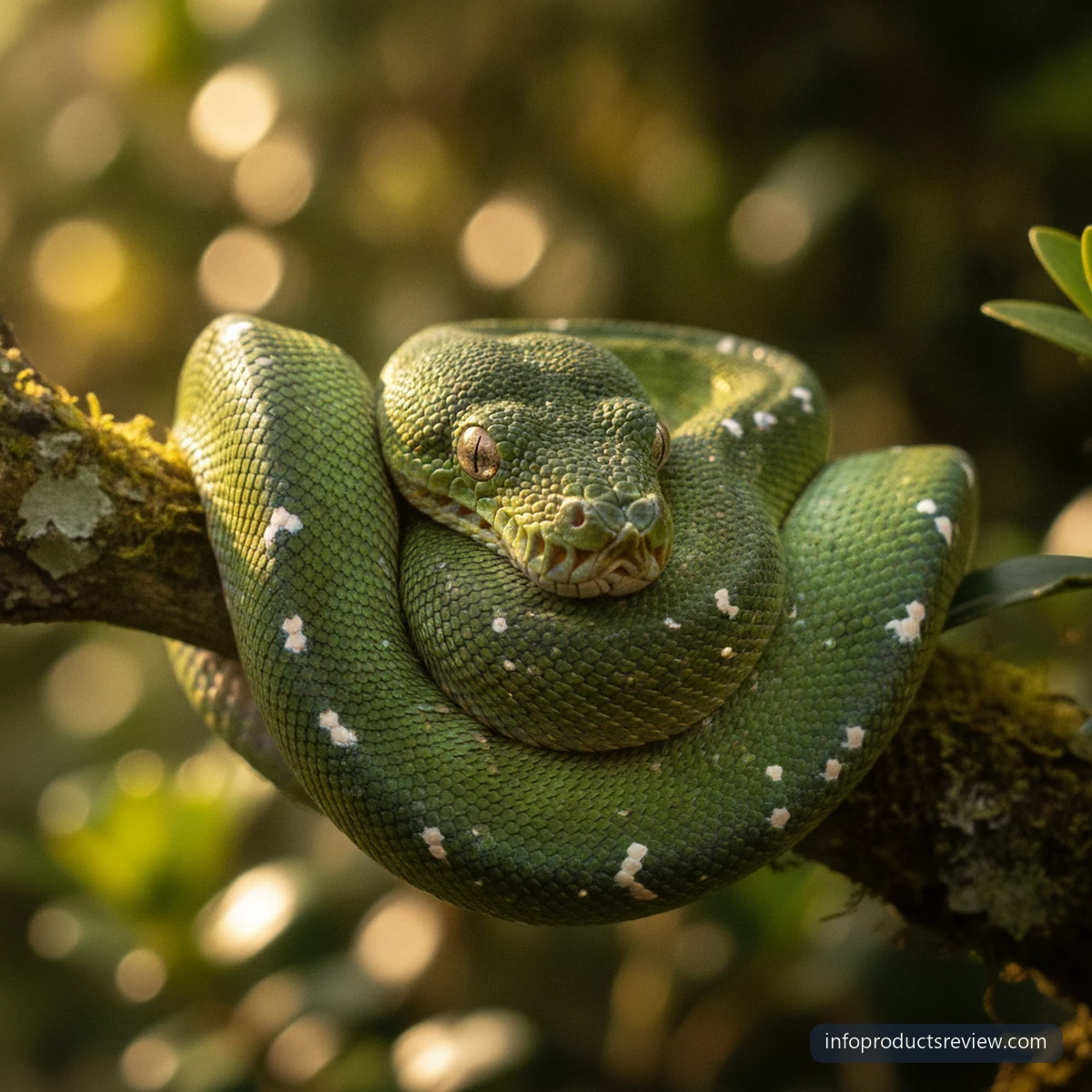 A still green snake coiled on a mossy branch in golden light