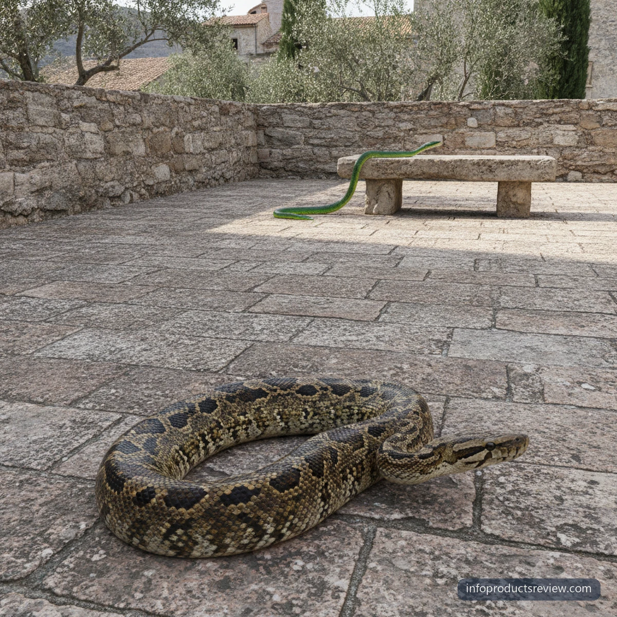 Two snakes of different sizes on a broad sunlit stone terrace
