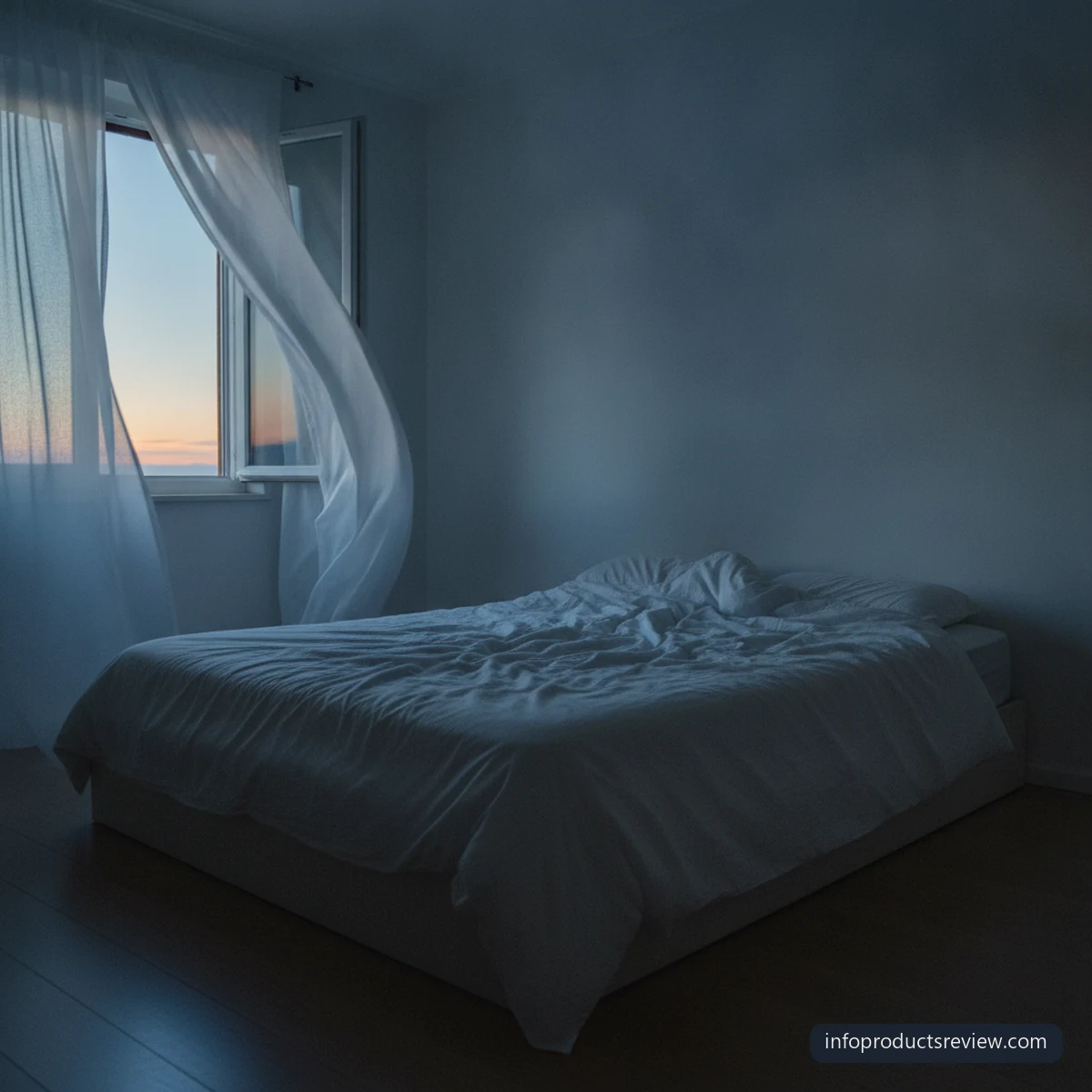 An empty bedroom before dawn with open curtains and quiet blue light