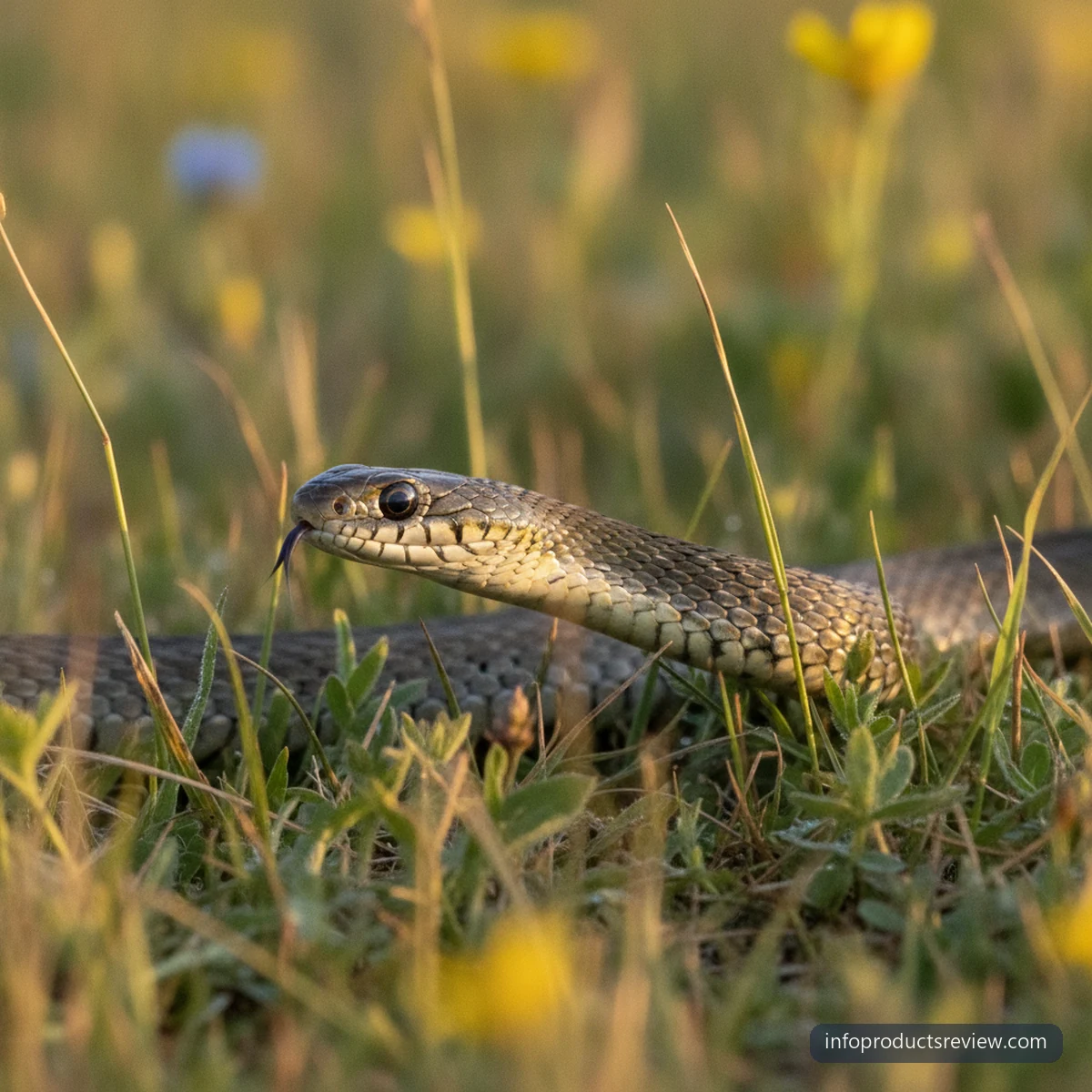 A snake emerging from long grass at the edge of a sunlit meadow