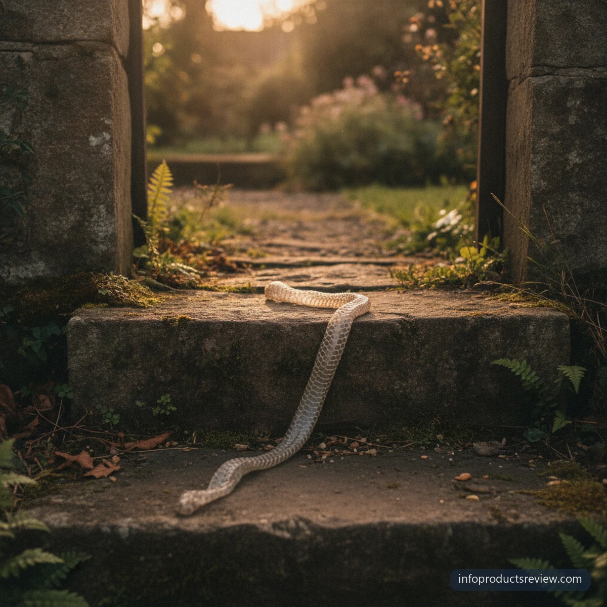 A shed snake skin left on a stone step in low golden light