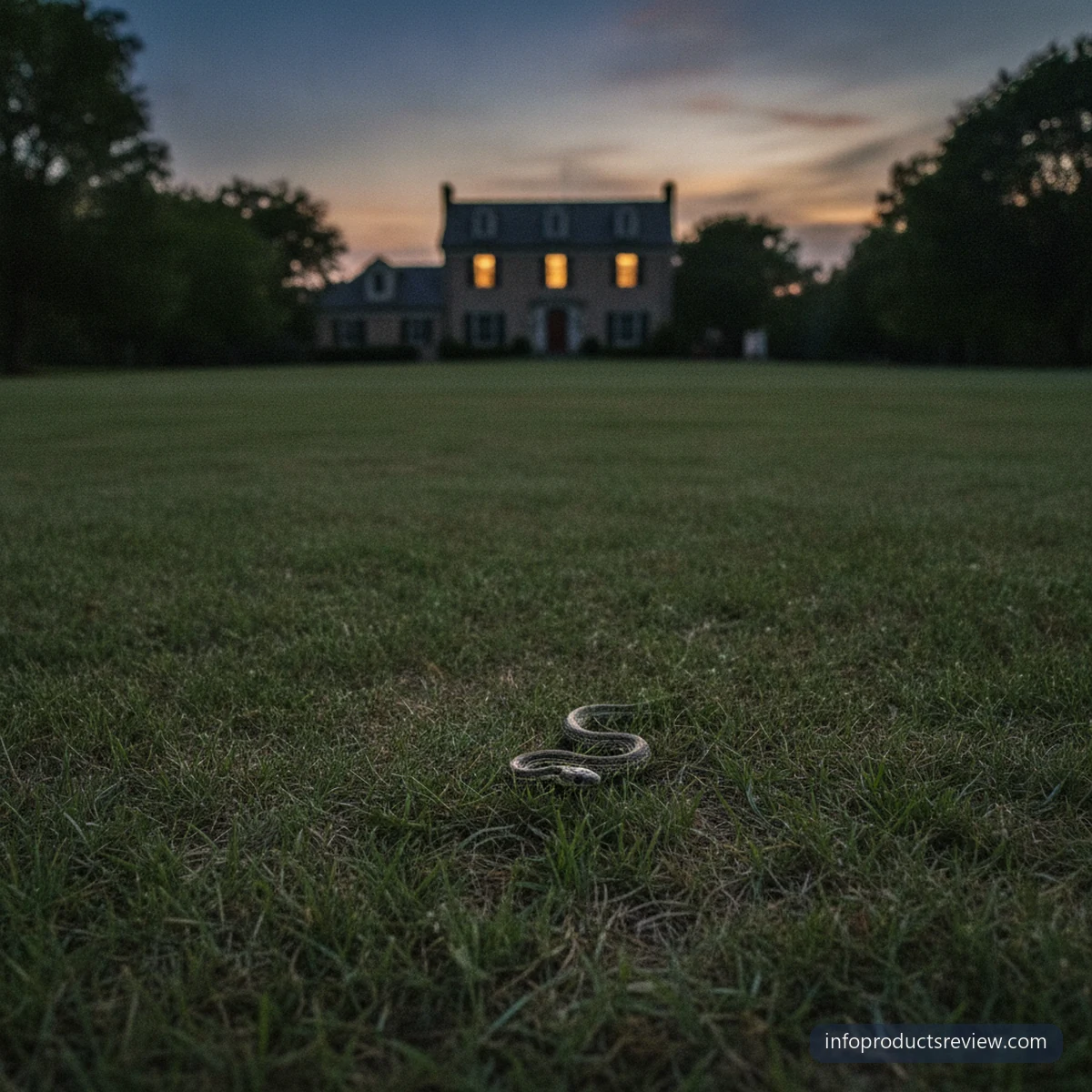 A distant snake across an open lawn at dusk