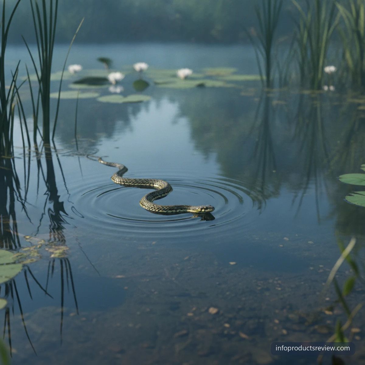 A water snake swimming in a garden pond at first light