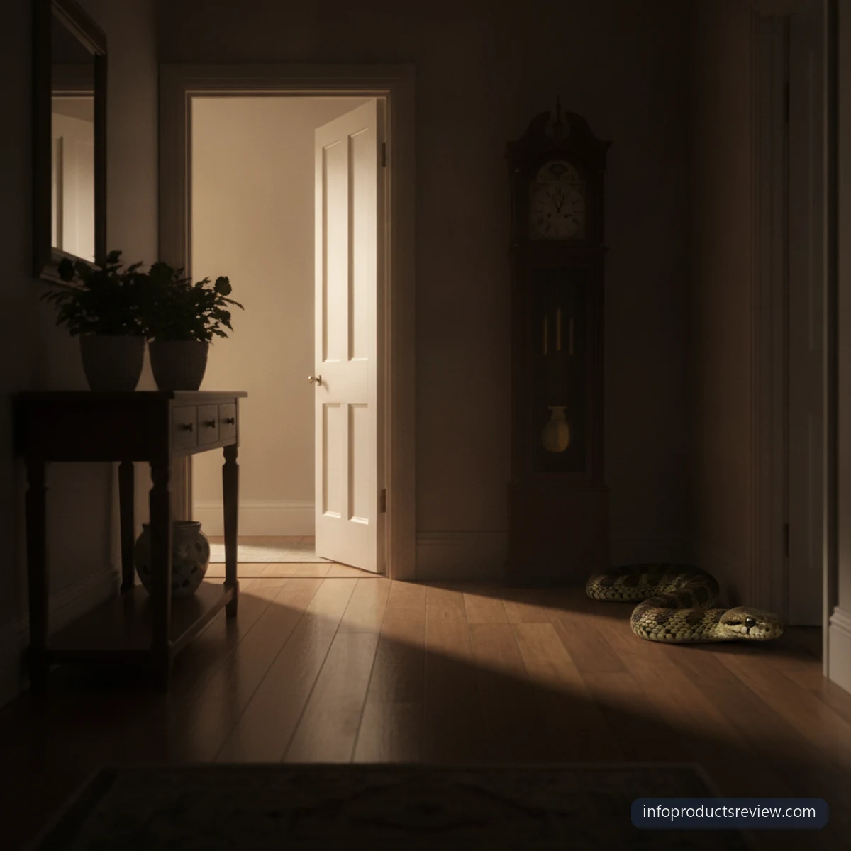 An empty domestic hallway at night with a snake moving away at the far end