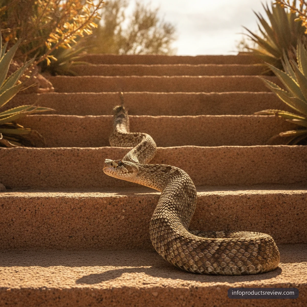 A snake ascending a warm stone stair toward open light