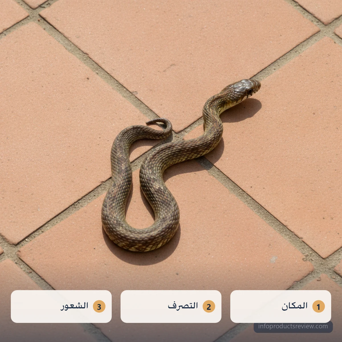 ثعبان يعبر أرضية فناء من القرميد الدافئ من أعلى