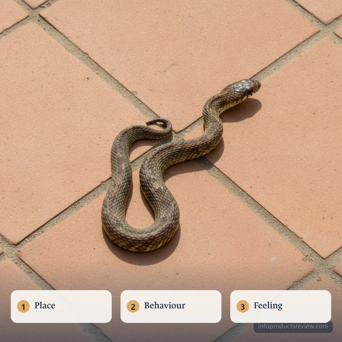 A snake crossing a warm terracotta courtyard floor seen from above