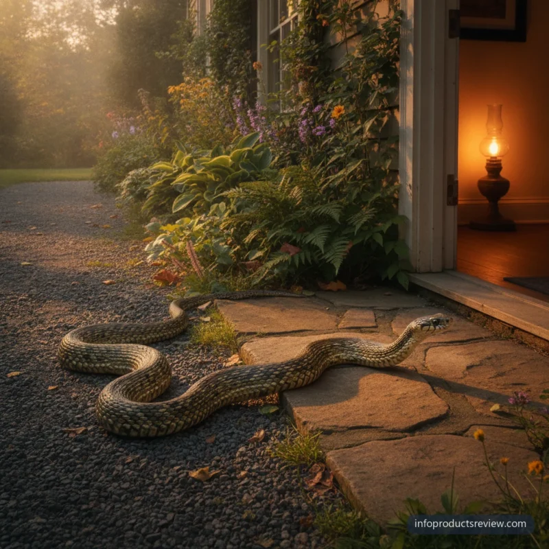 A snake crossing a gravel path beside a garden and a lit house entrance at dusk