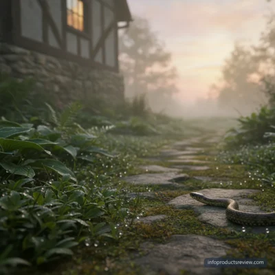 A snake moving away along a garden path at dawn in light mist