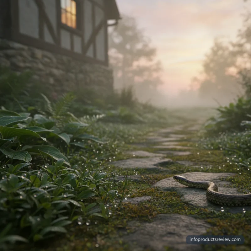A snake moving away along a garden path at dawn in light mist