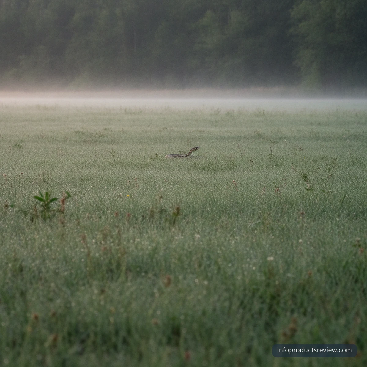 A wide meadow at dawn with a distant snake near the treeline