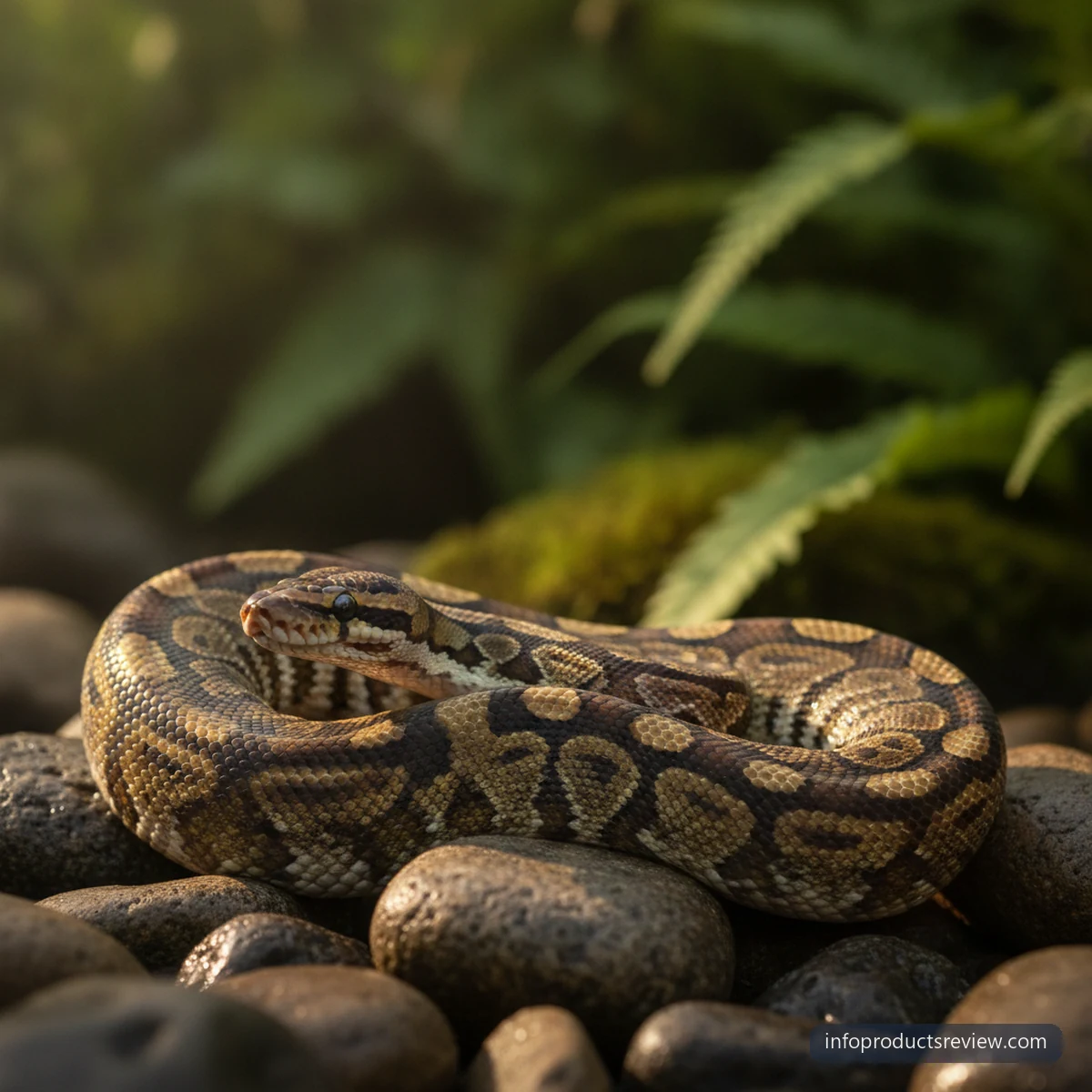A snake resting on smooth river stones in morning light