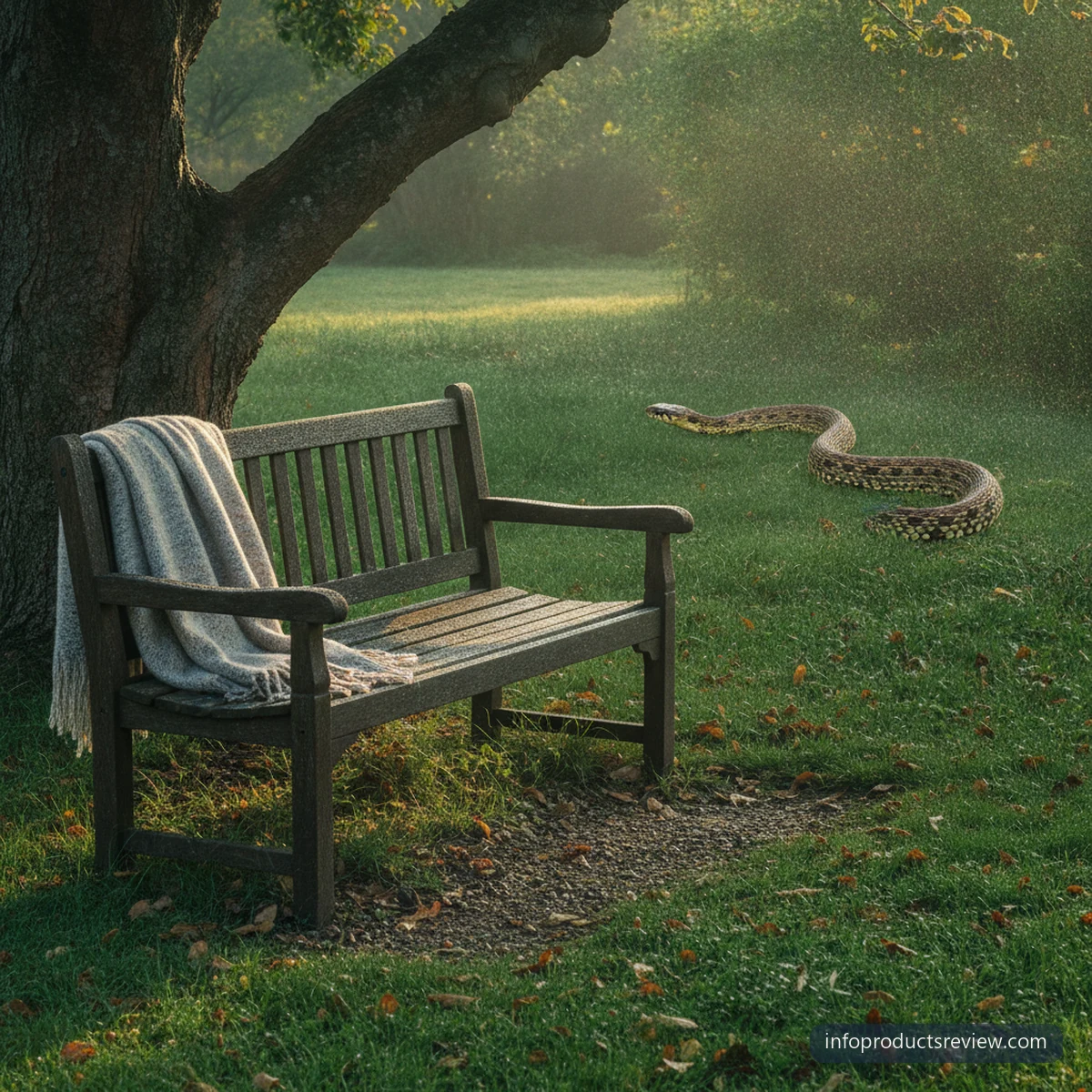 An empty garden bench under a tree at first light with a snake passing at a distance