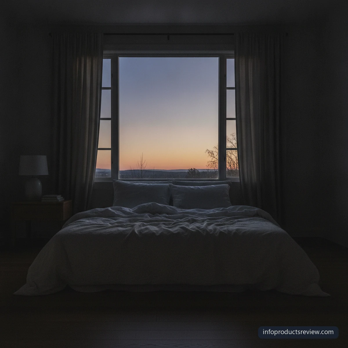A bedroom window before sunrise with the sky shifting from blue to gold