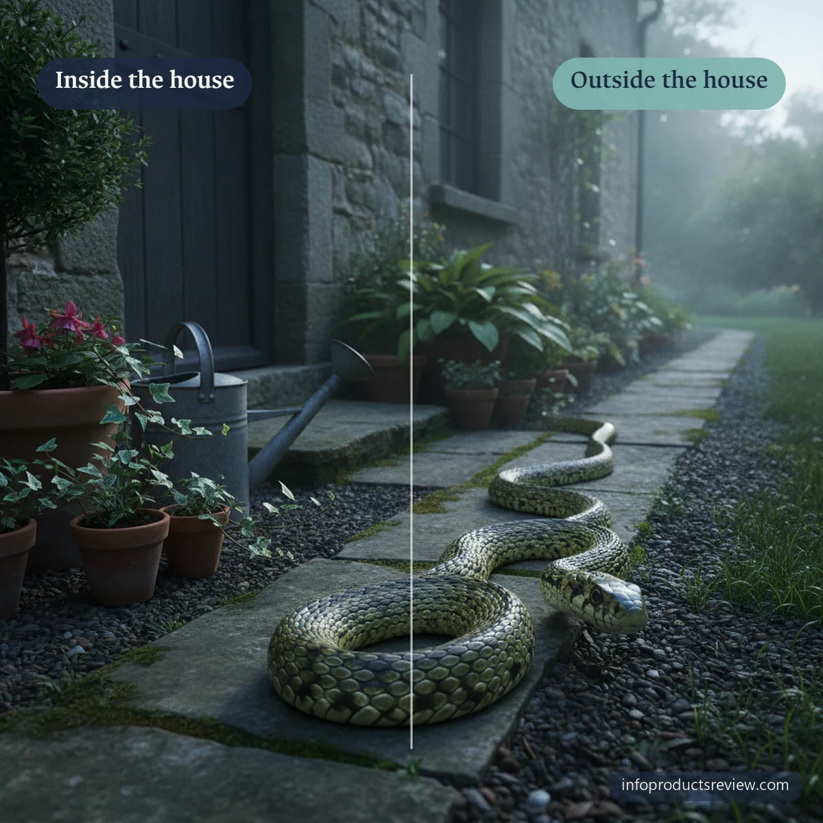 A snake passing along a path outside a house at dawn, away from the door