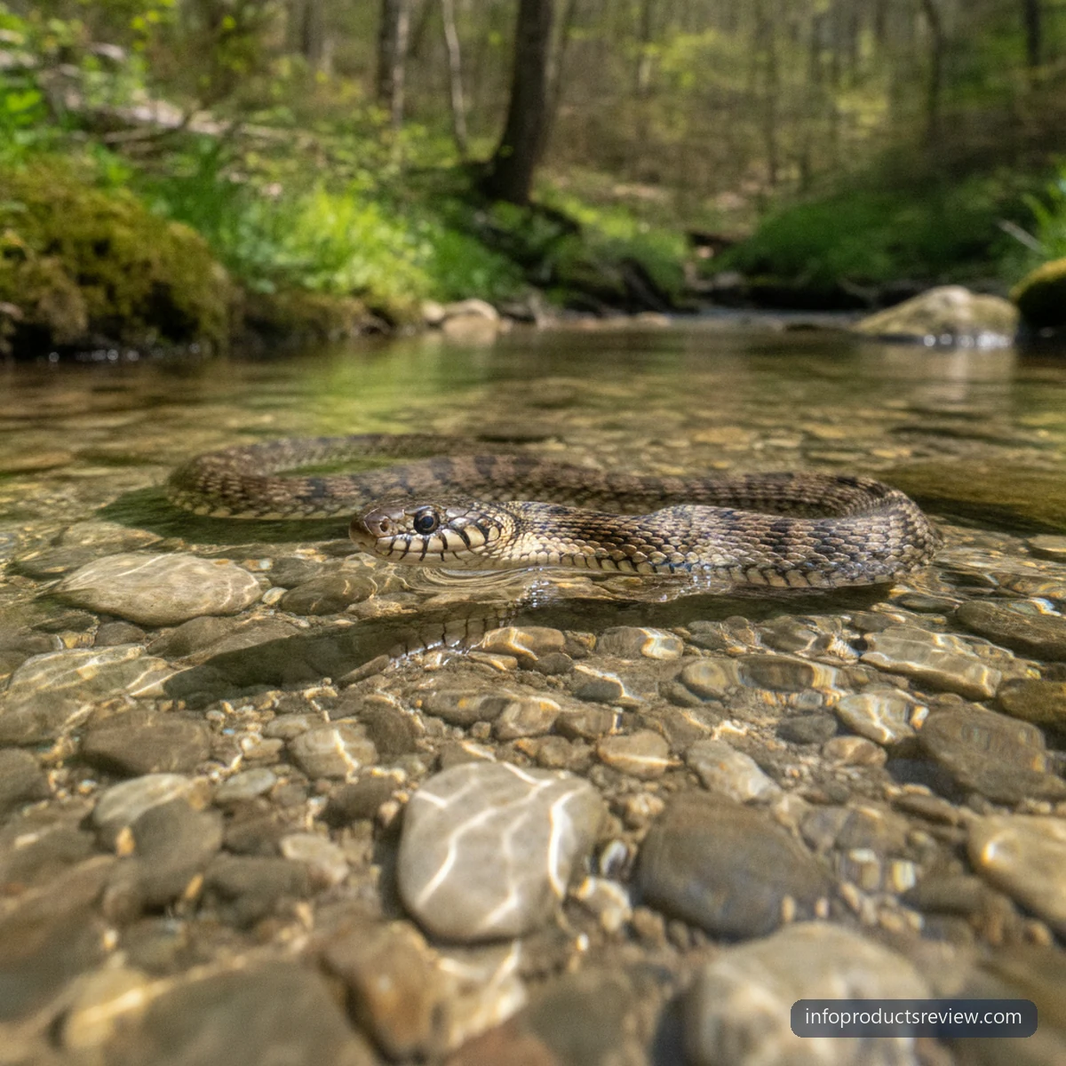 A water snake swimming in clear shallow water over pale pebbles