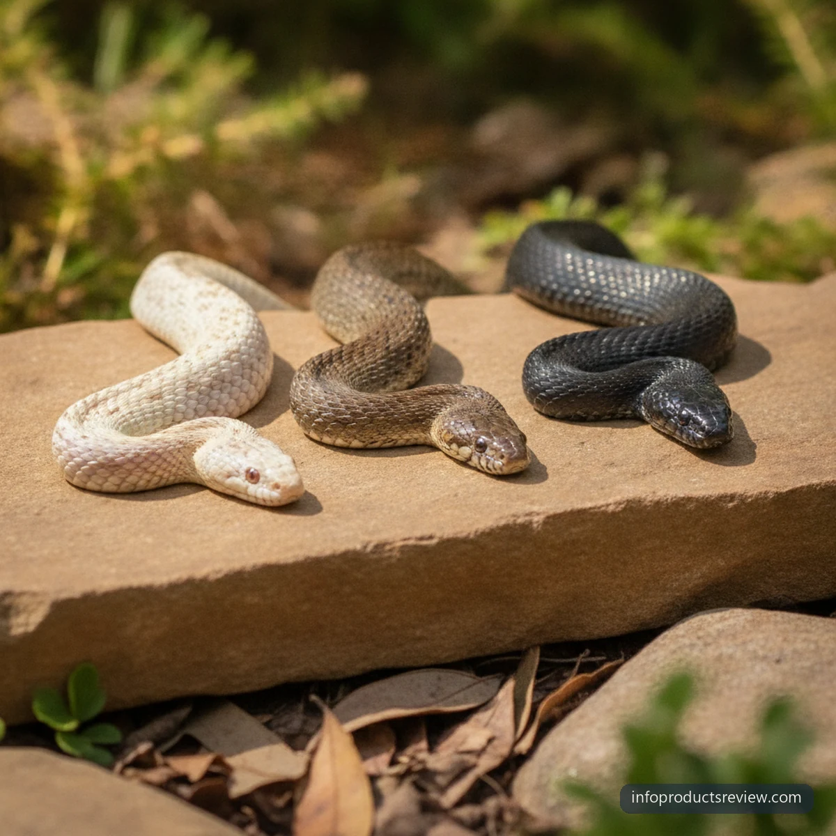 Three snakes of different natural colours on one stone under identical light