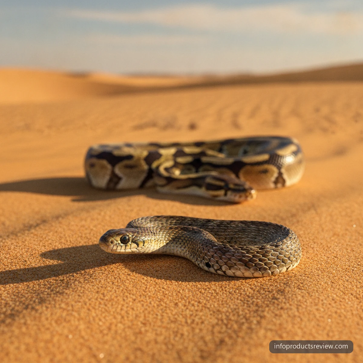 A small snake close by and a larger one further off on warm sand